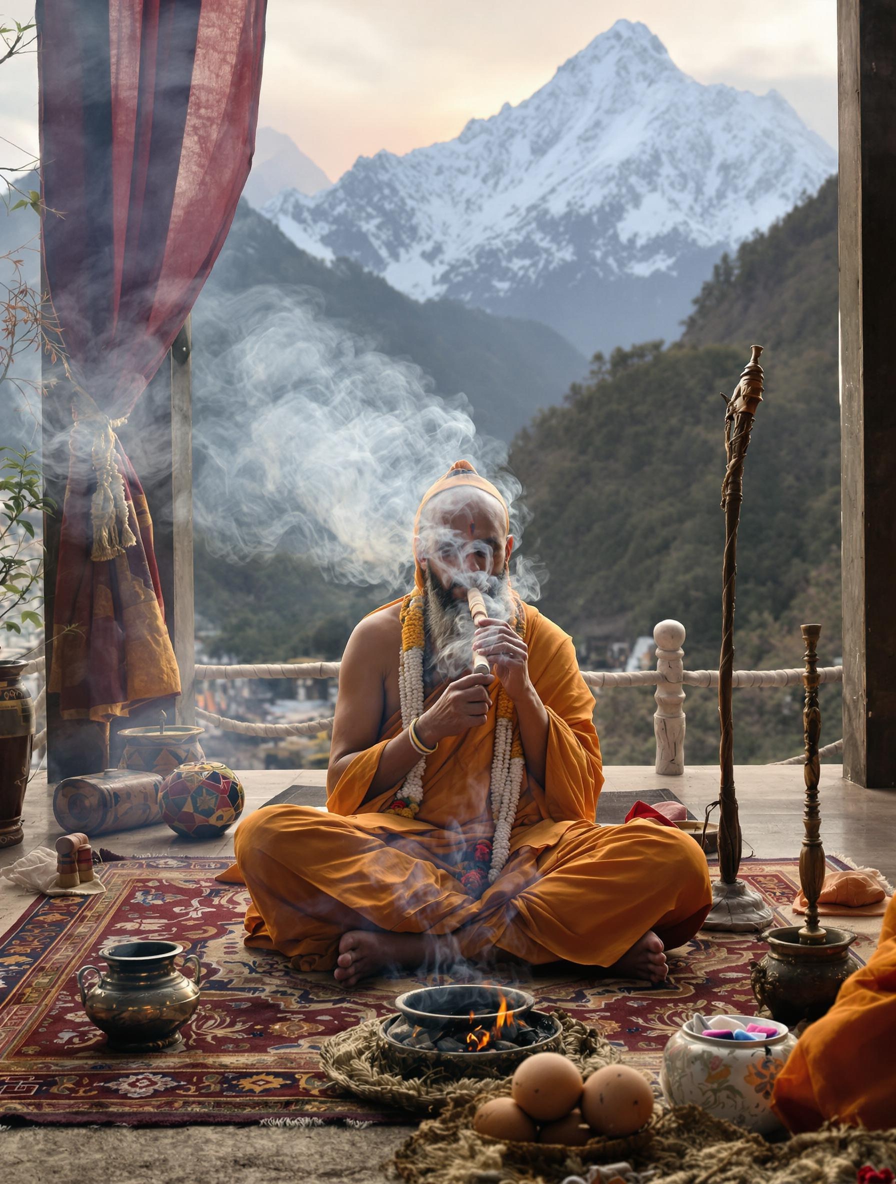 Sadhu traditionnel fumant du charas dans l'Himalaya