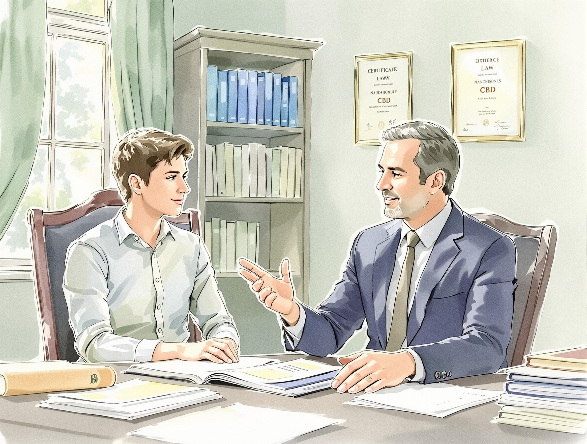 avocat spécialisé CBD conseille usager scène aquarelle