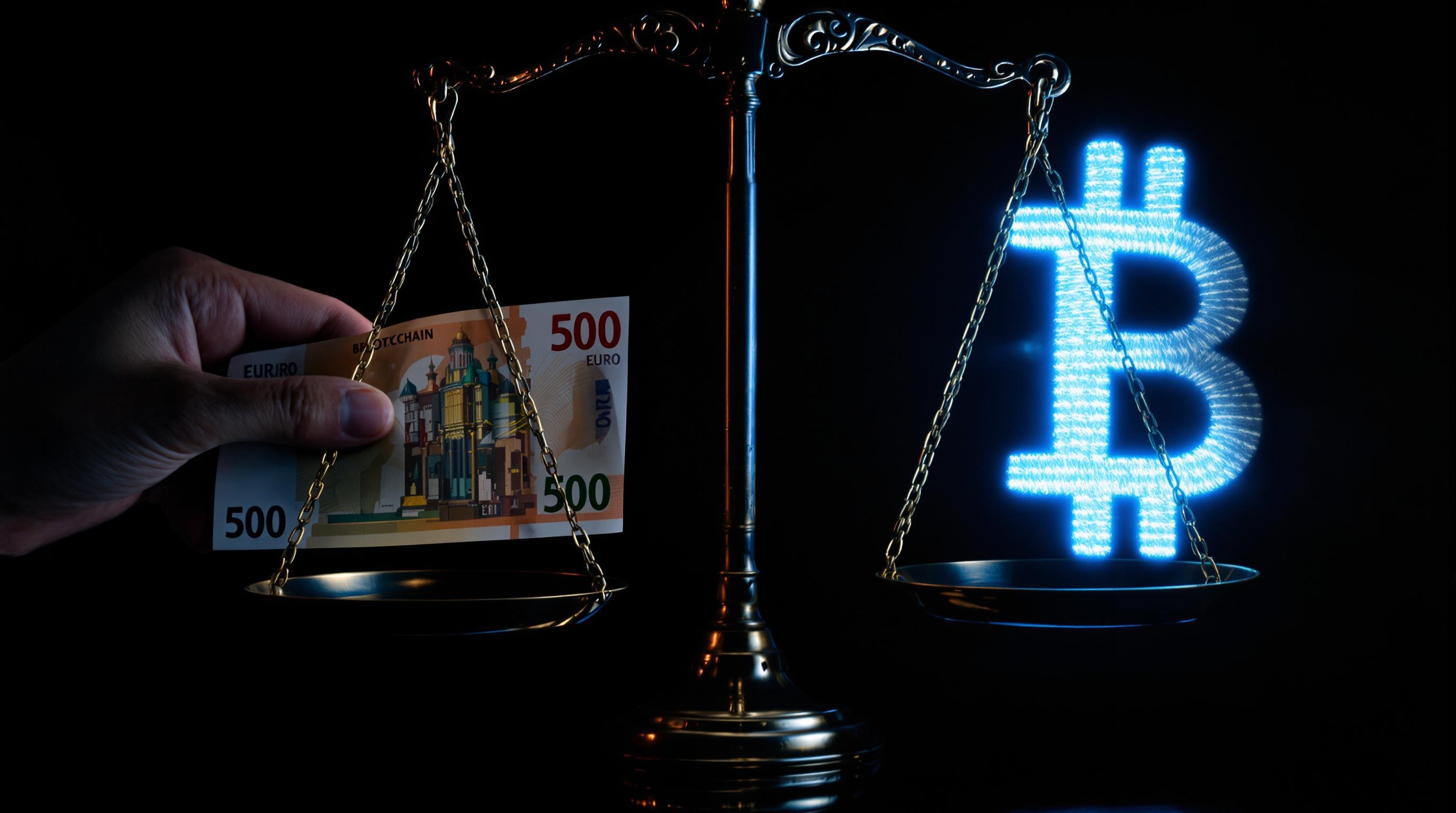 Balance de justice, billets de 500 euros et lumière blockchain – l’équilibre délicat entre traçabilité et finance illégale.