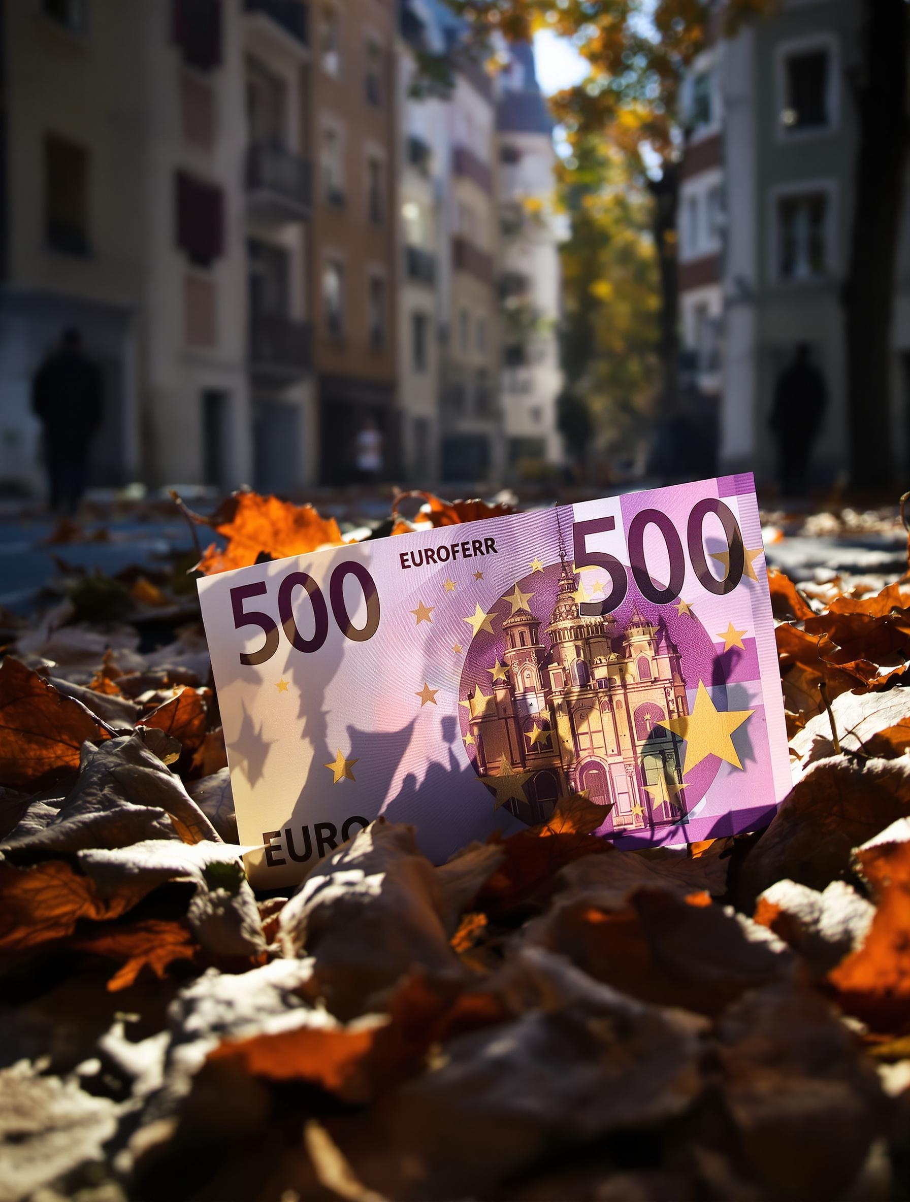 Billet de 500 euros, à moitié enseveli sous des feuilles mortes, révélé par un rayon de lumière urbaine – symbole de la traque du cash criminel.
