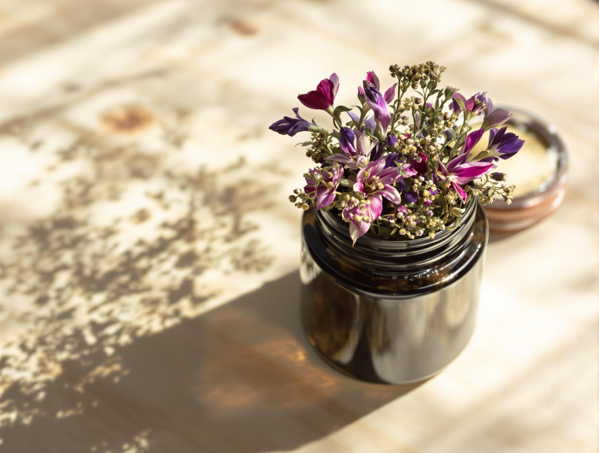 Un bocal en verre foncé avec des fleurs de CBD à l'intérieur