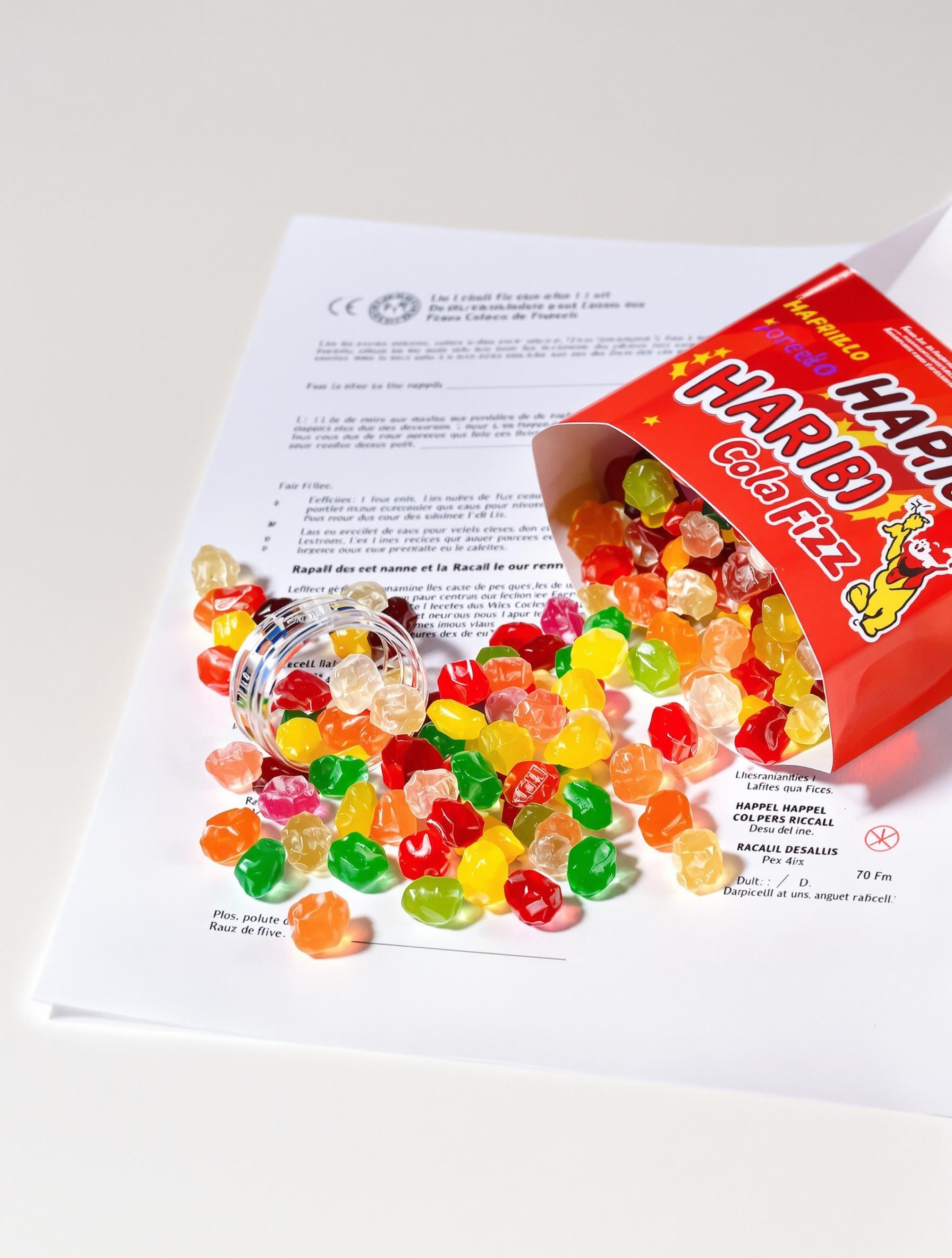 Boîte de bonbons Haribo Happy Cola Fizz ouverte avec formulaire de rappel officiel