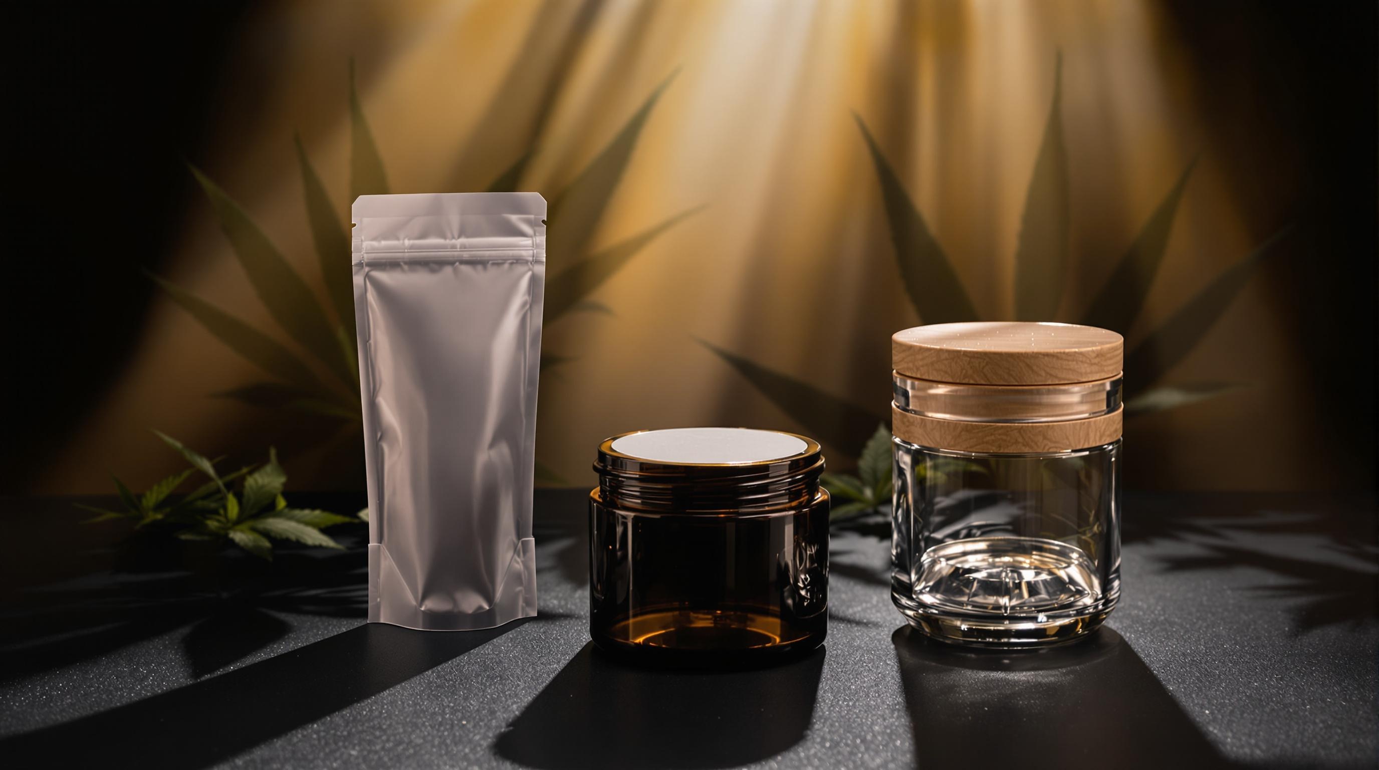 Trois contenants pour hash – mylar, verre ambré, verre transparent