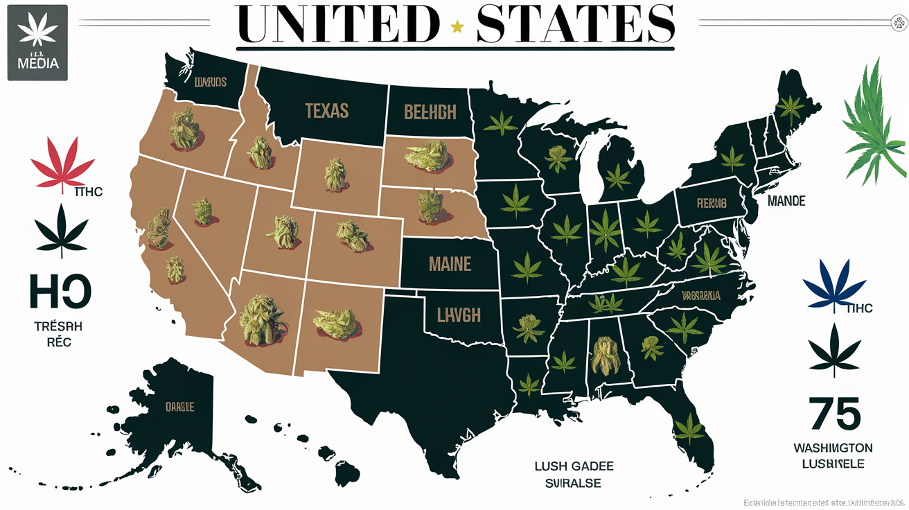 Carte botanique stylisée US : Texas désert, Californie/Maine/DC jardin luxuriant