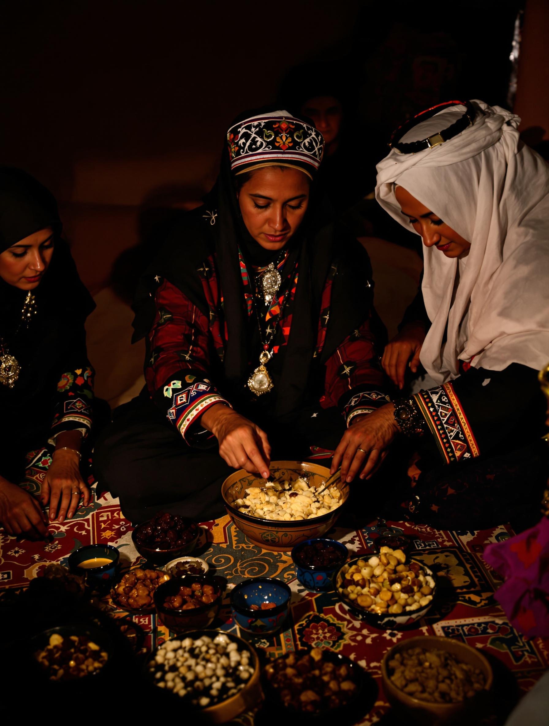 Cercle amazigh transmettant oralement la recette du Mahjoun, tapis berbère et fruits secs