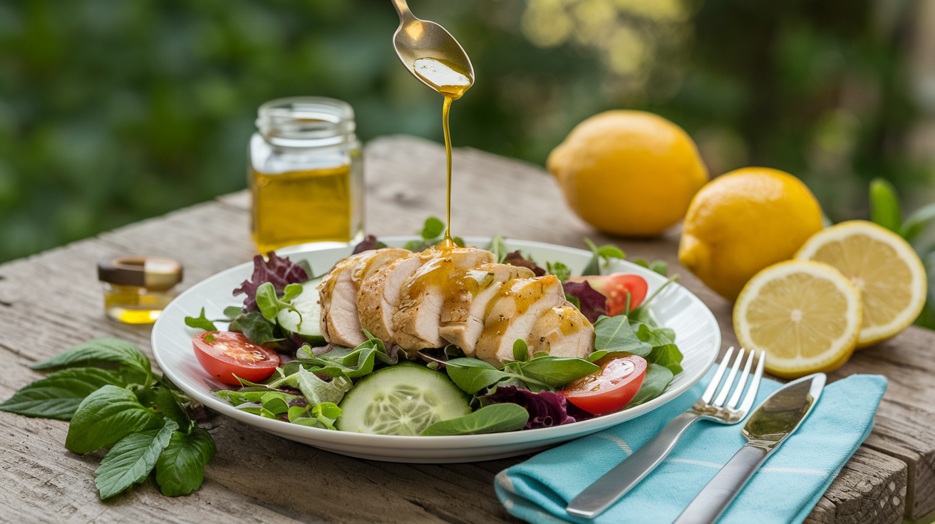 Une salade de poulet joliment dressée avec des légumes verts, des tomates cerises, des tranches de concombre et une vinaigrette citronnée infusée au CBD.