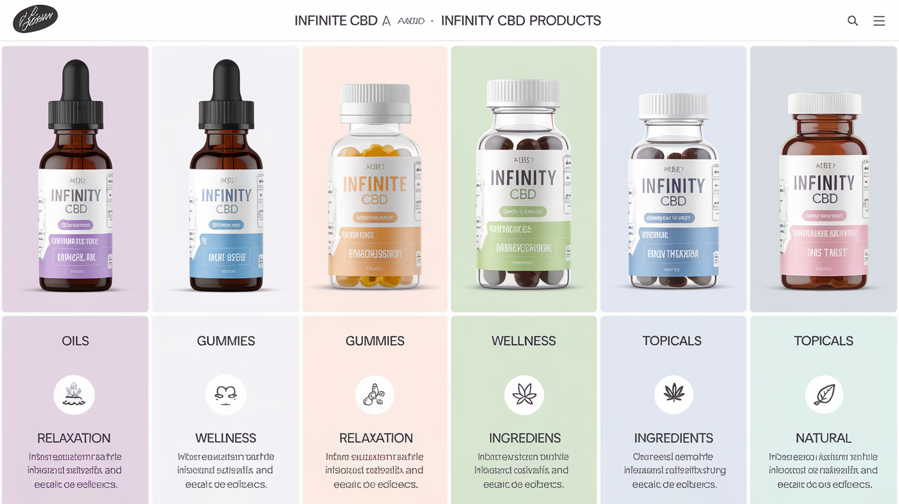 comparison of Infinite CBD and Infinity CBD products, including oils, gummies, and topicals in a creative detailed layout for blog visual