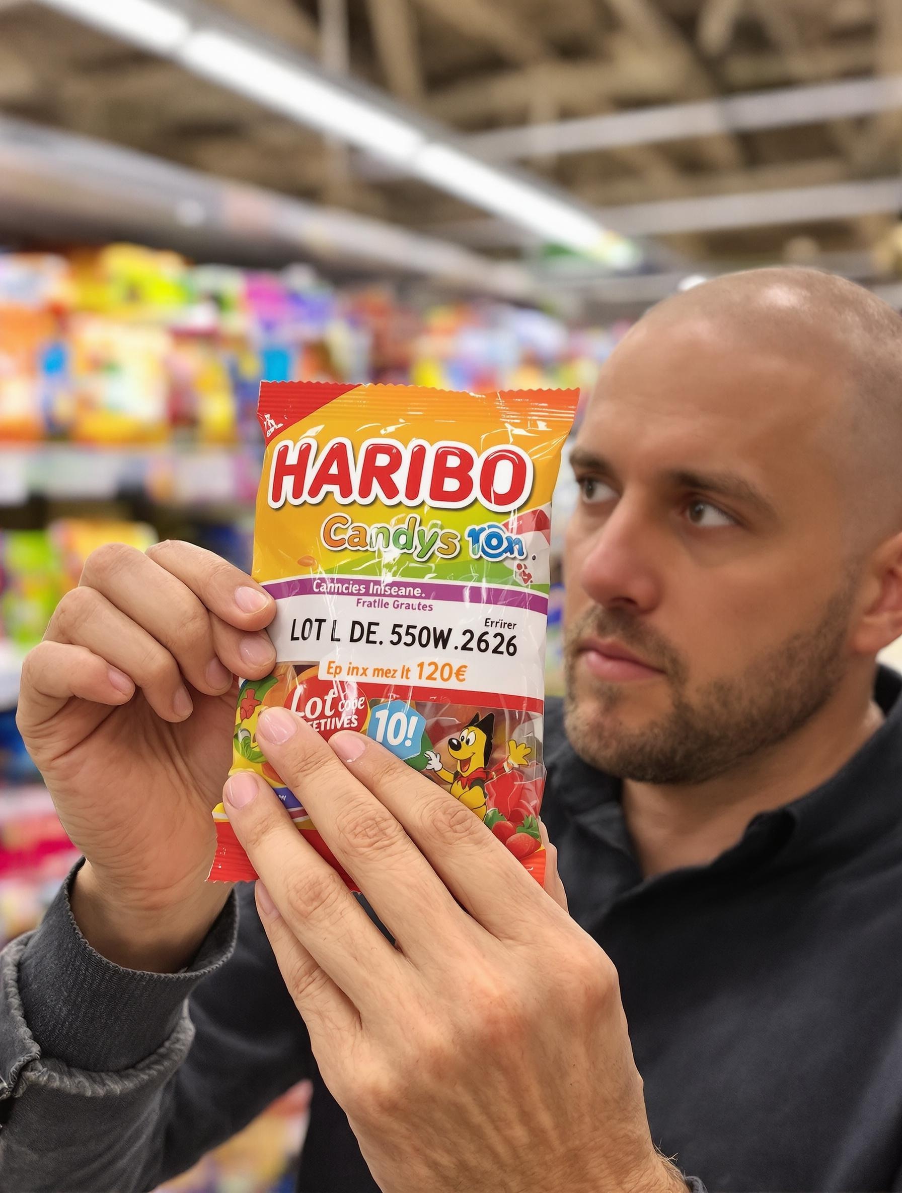 Vérification du code lot sur un paquet de bonbons Haribo