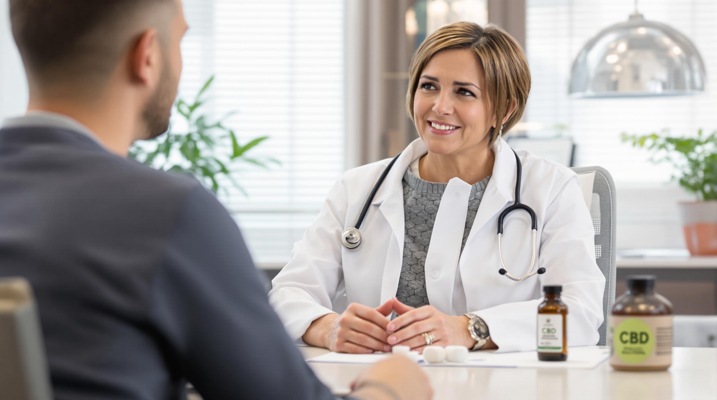 Un docteur consultant un patient avec une bouteille d'huile de CBD sur le bureau.