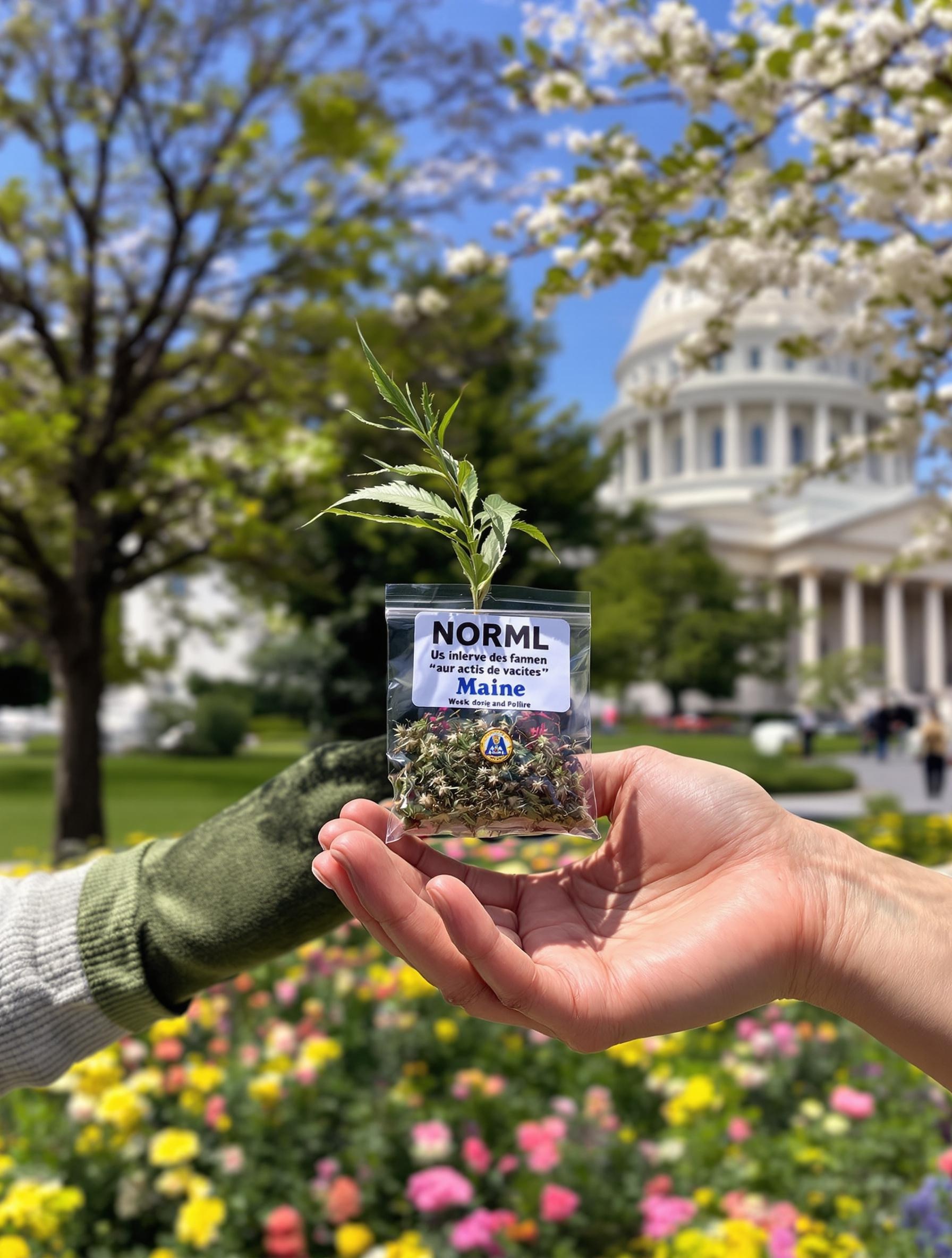 Échange militant devant le Capitole, affiche NORML et pin's Maine