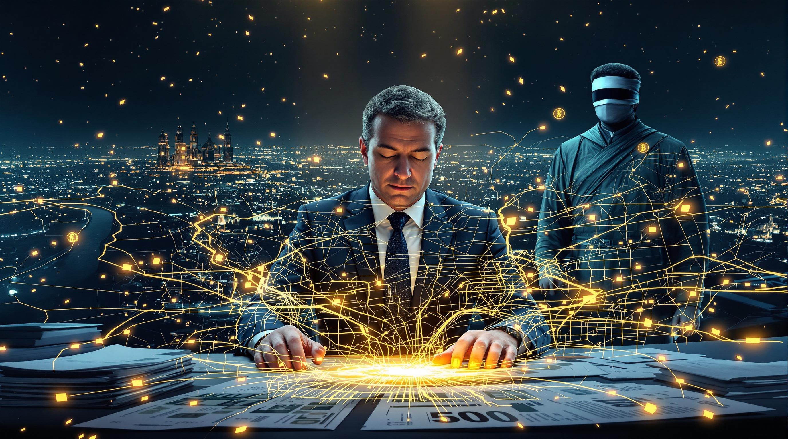 Enquêteur financier analysant des flux d’argent entre cash et cryptomonnaies sous l’œil d’un juge symbolique.