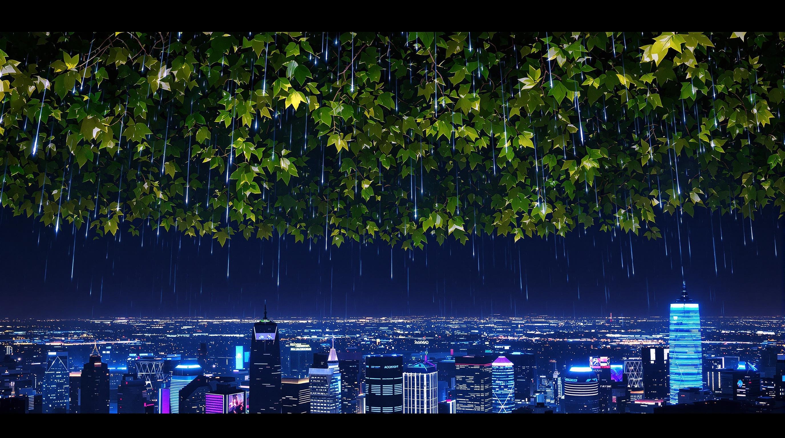 Feuillage dense surplombant une ville numérique éclairée par des gouttes de pluie lumineuses – métaphore visuelle d’un équilibre entre sécurité et libertés.
