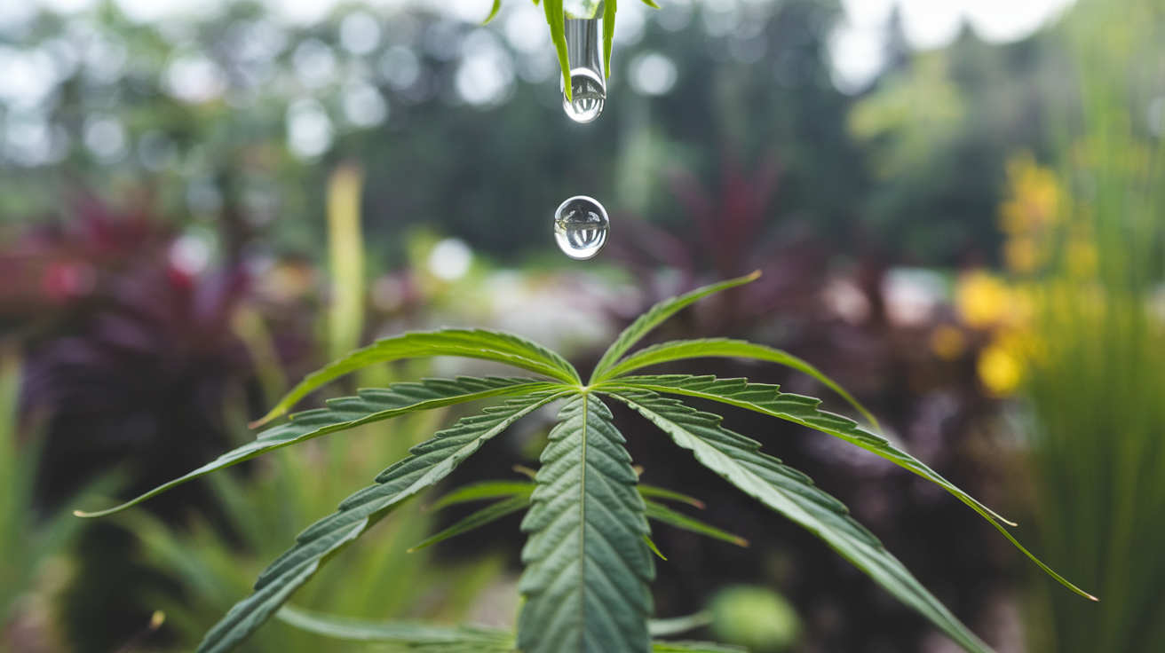 Une goutte d'huile de CBD tombant doucement sur une feuille de chanvre.