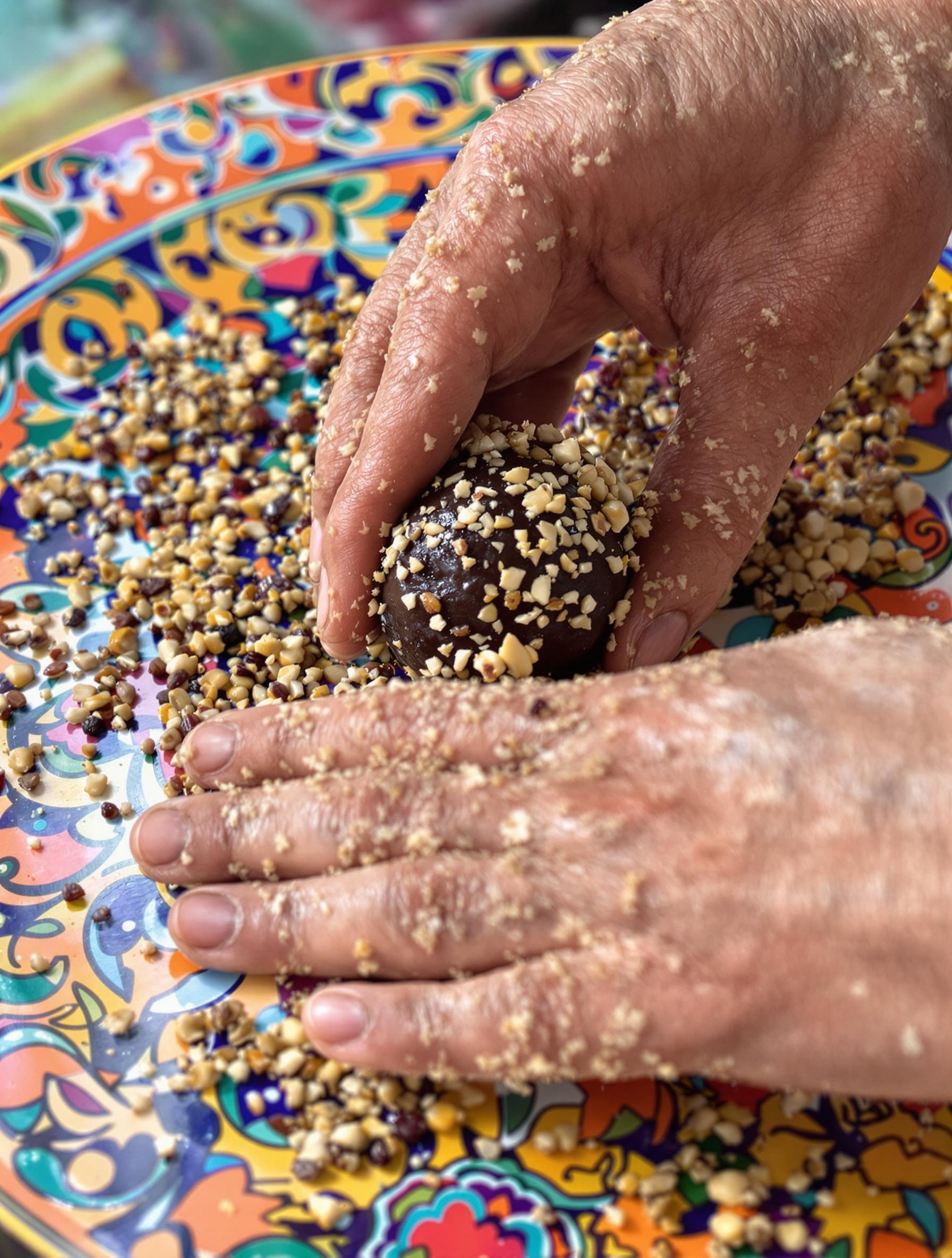 Mains façonnant des boulettes de Mahjoun marocain sur un plat en céramique