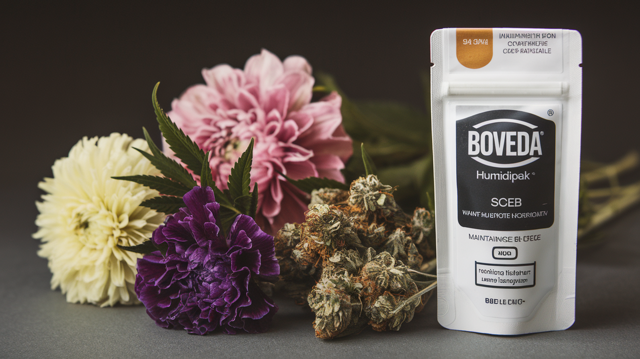 Un humidipak Boveda placé à côté de fleurs de CBD.