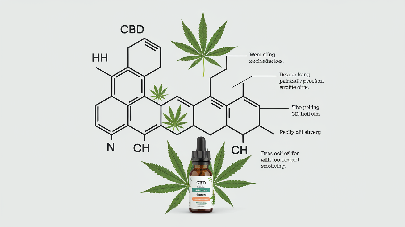 Illustration de la molécule de CBD entourée d'éléments naturels.