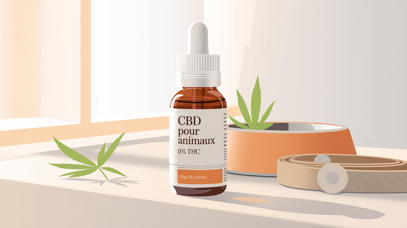 Produit CBD pour chien illustrant un flacon étiqueté "CBD pour animaux - 0% THC" devant une gamelle.