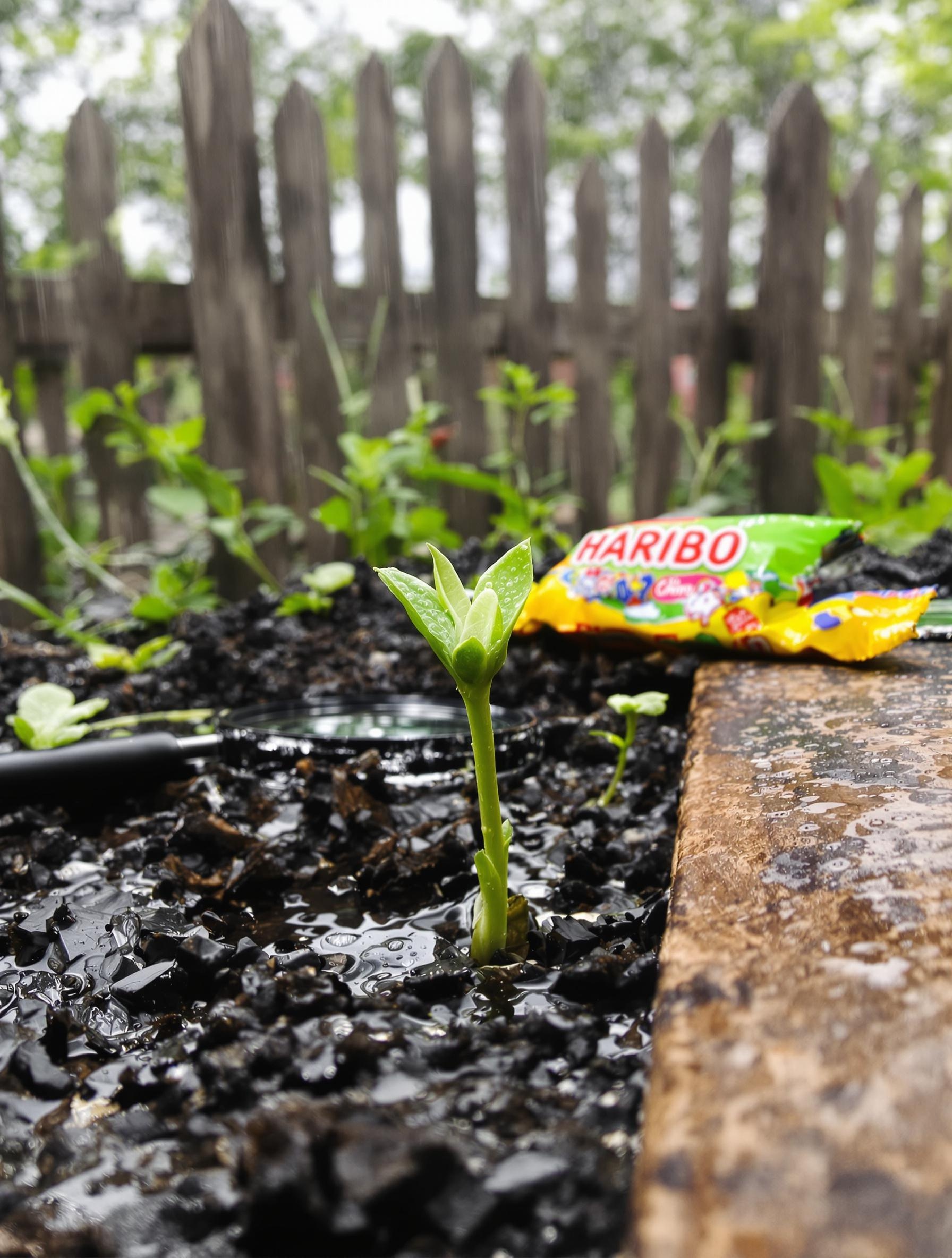 Jardin fragile après l’averse avec un bourgeon et un sachet de bonbons Haribo
