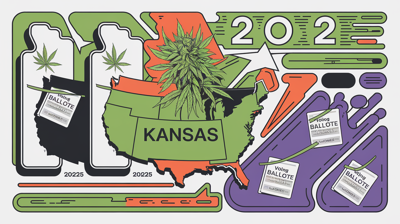 Illustration de la progression de la légalisation du cannabis aux États-Unis, notamment au Kansas et en Floride en 2025.