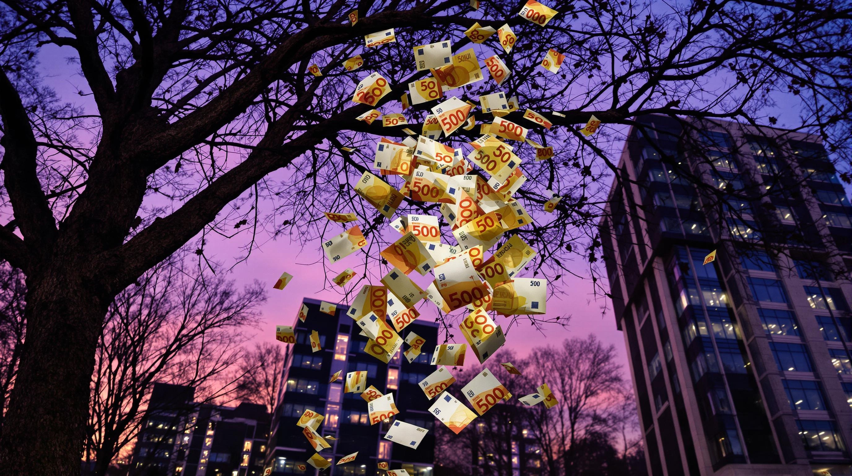 Billets de 500 euros tombant d’un arbre urbain, symbolisant la suppression du cash