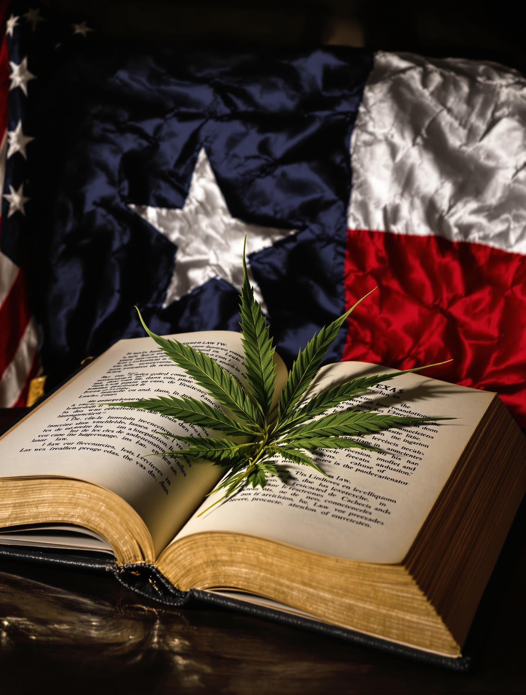 Livre de droit ouvert sur des feuilles de chanvre, avec un drapeau américain froissé et une carte stylisée du Texas