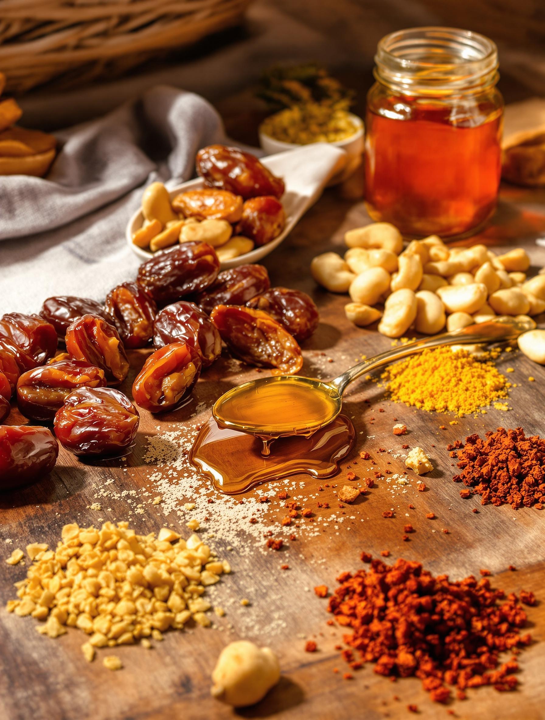 Ingrédients pour le Mahjoun : dattes Medjool, noix de cajou, hashish, miel et épices