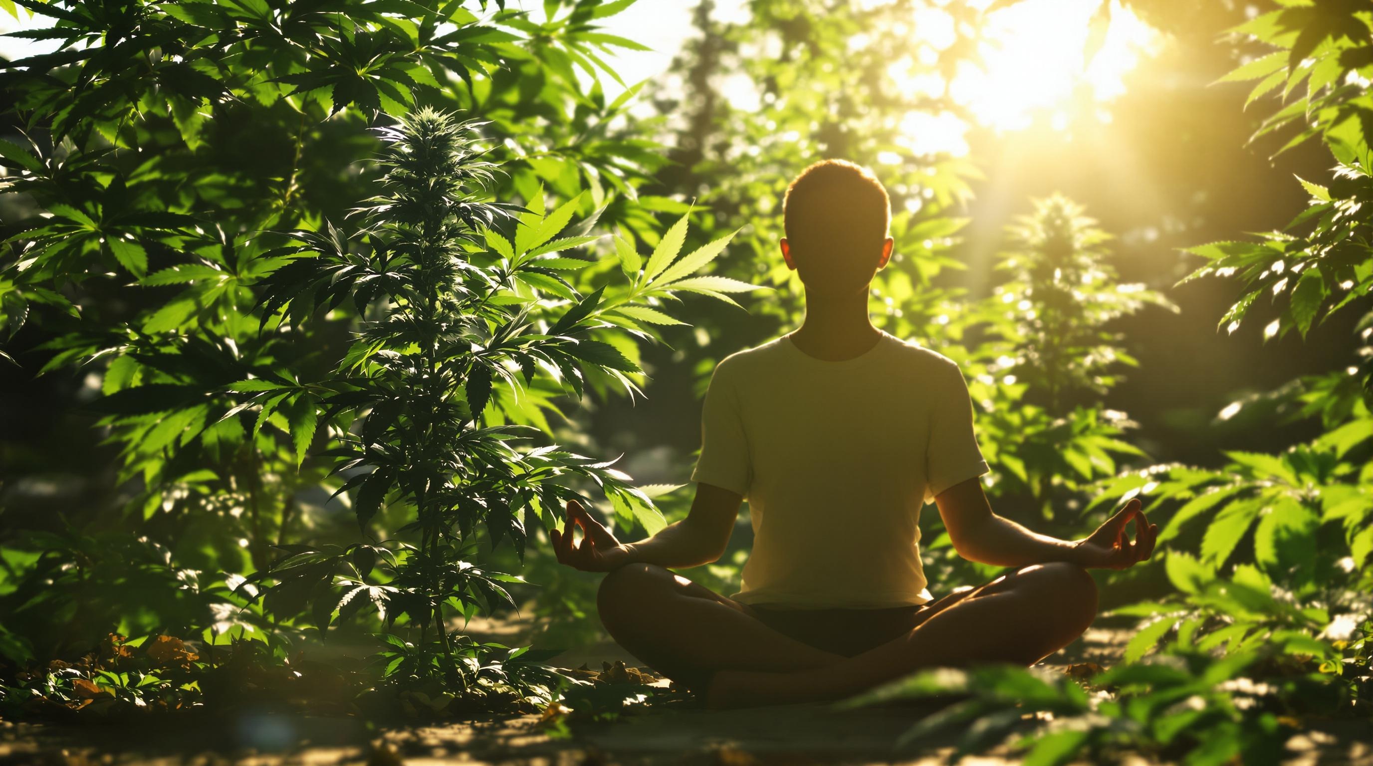 Une personne méditant paisiblement près d'une plante de chanvre.