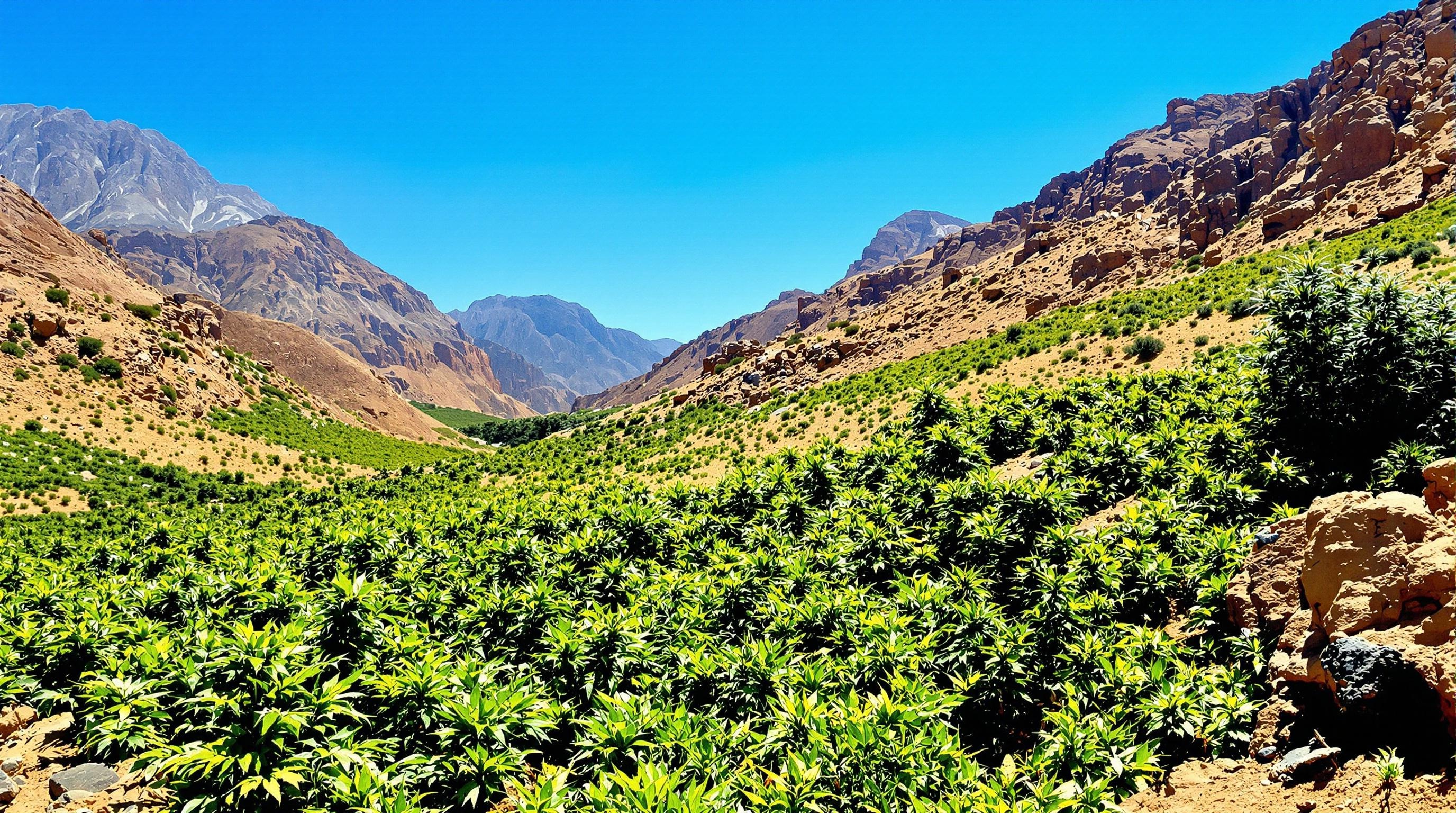 Paysage montagneux du Rif au Maroc avec plantations de cannabis traditionnelles