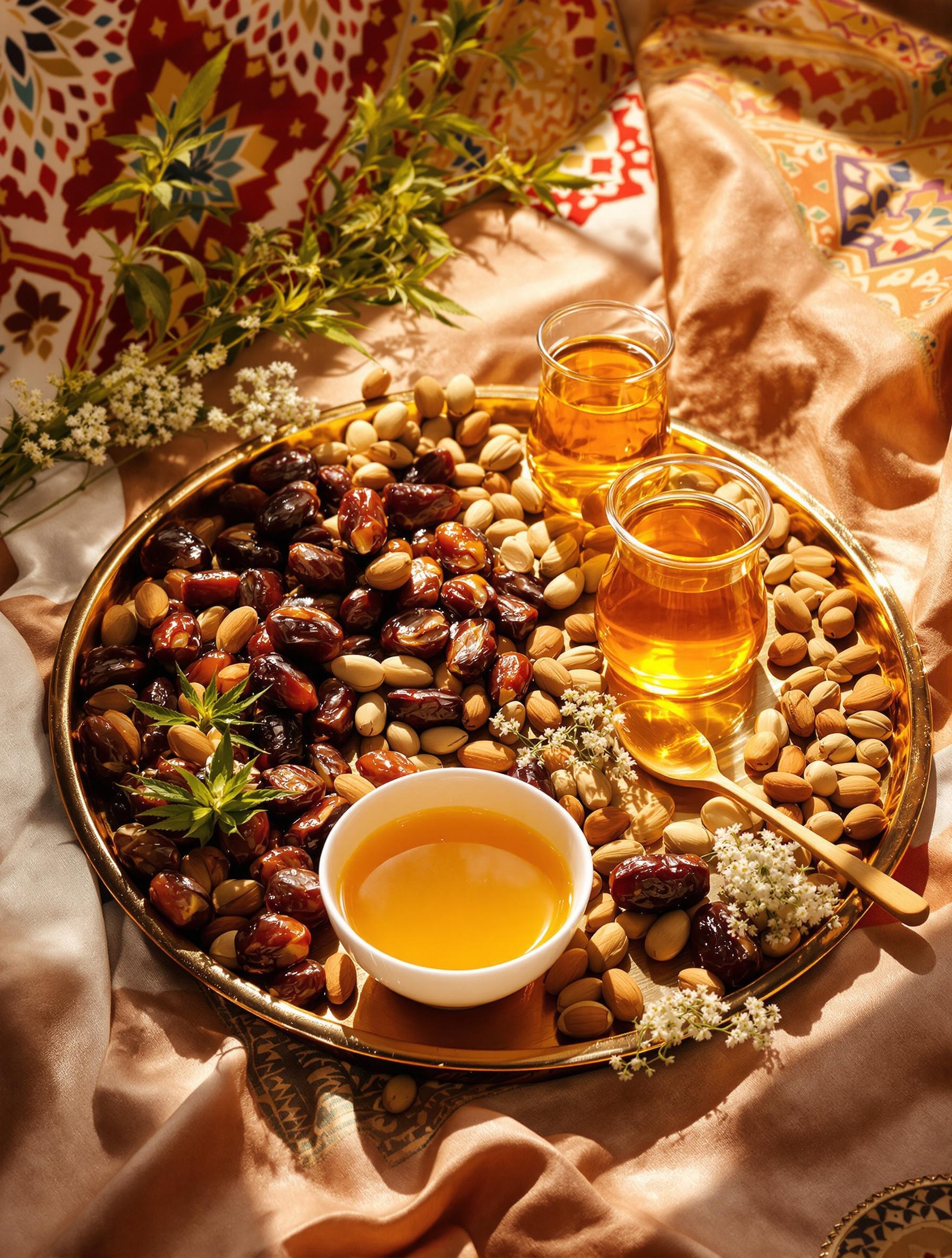 Plateau marocain avec Mahjoun, dattes, fleurs de hashish, pistaches et miel traditionnel