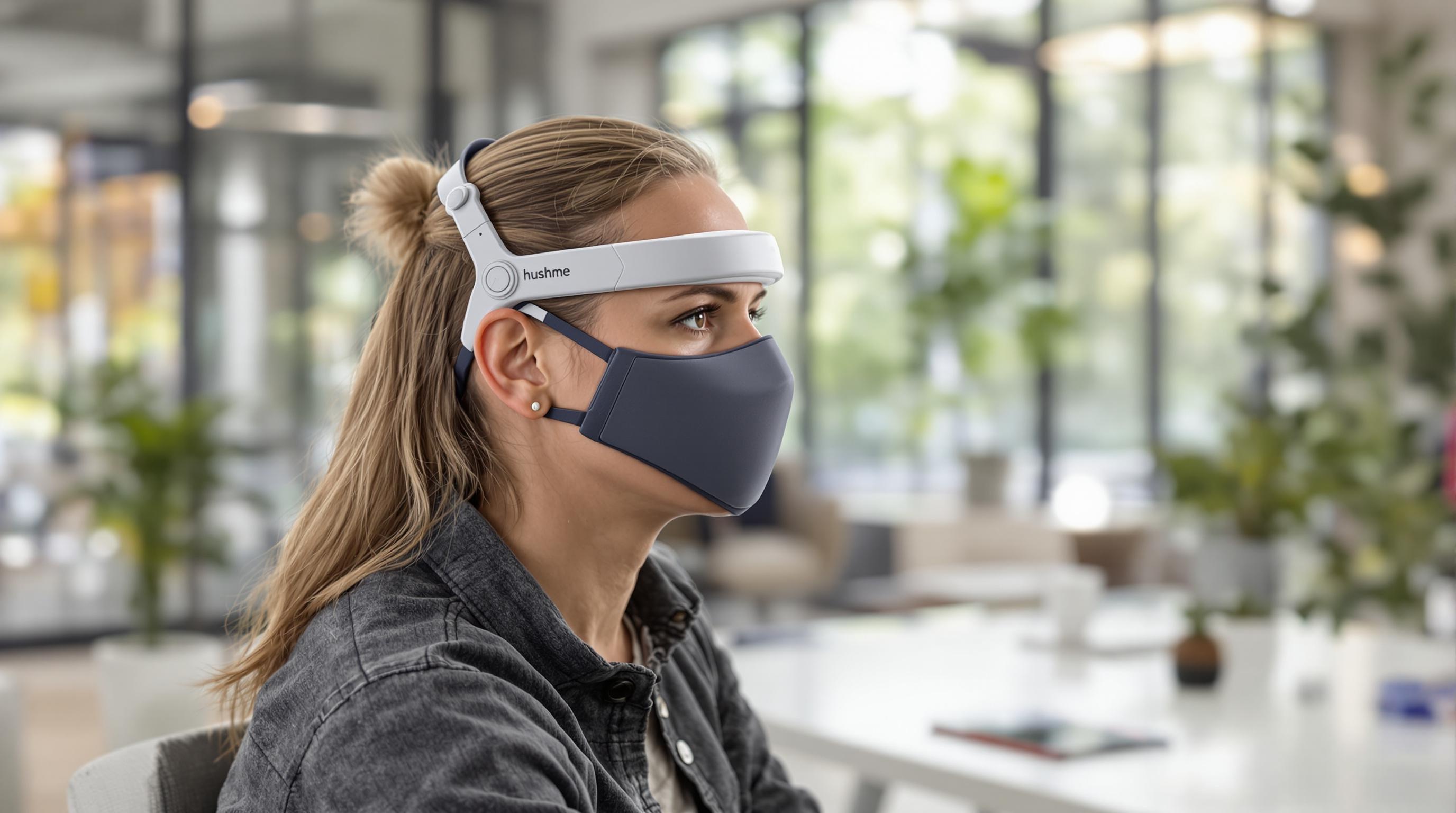 Personne portant le masque vocal Hushme dans un open space avec lumière naturelle