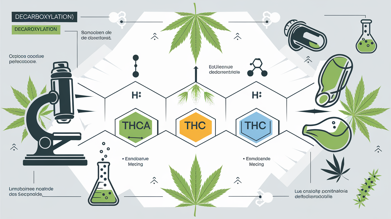 Schéma décarboxylation THCA en THC, fioles et microscopes