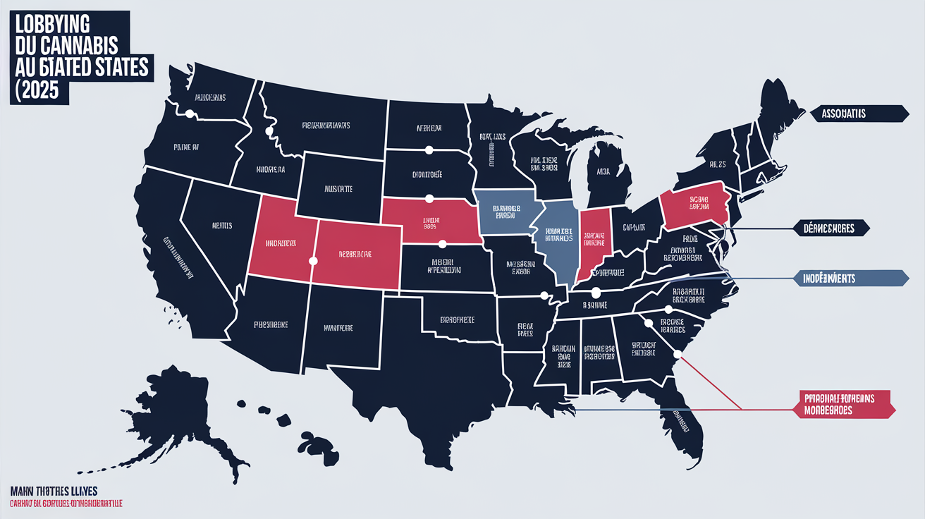 Schéma illustrant le lobbying autour du cannabis aux États-Unis, incluant partis politiques et associations.