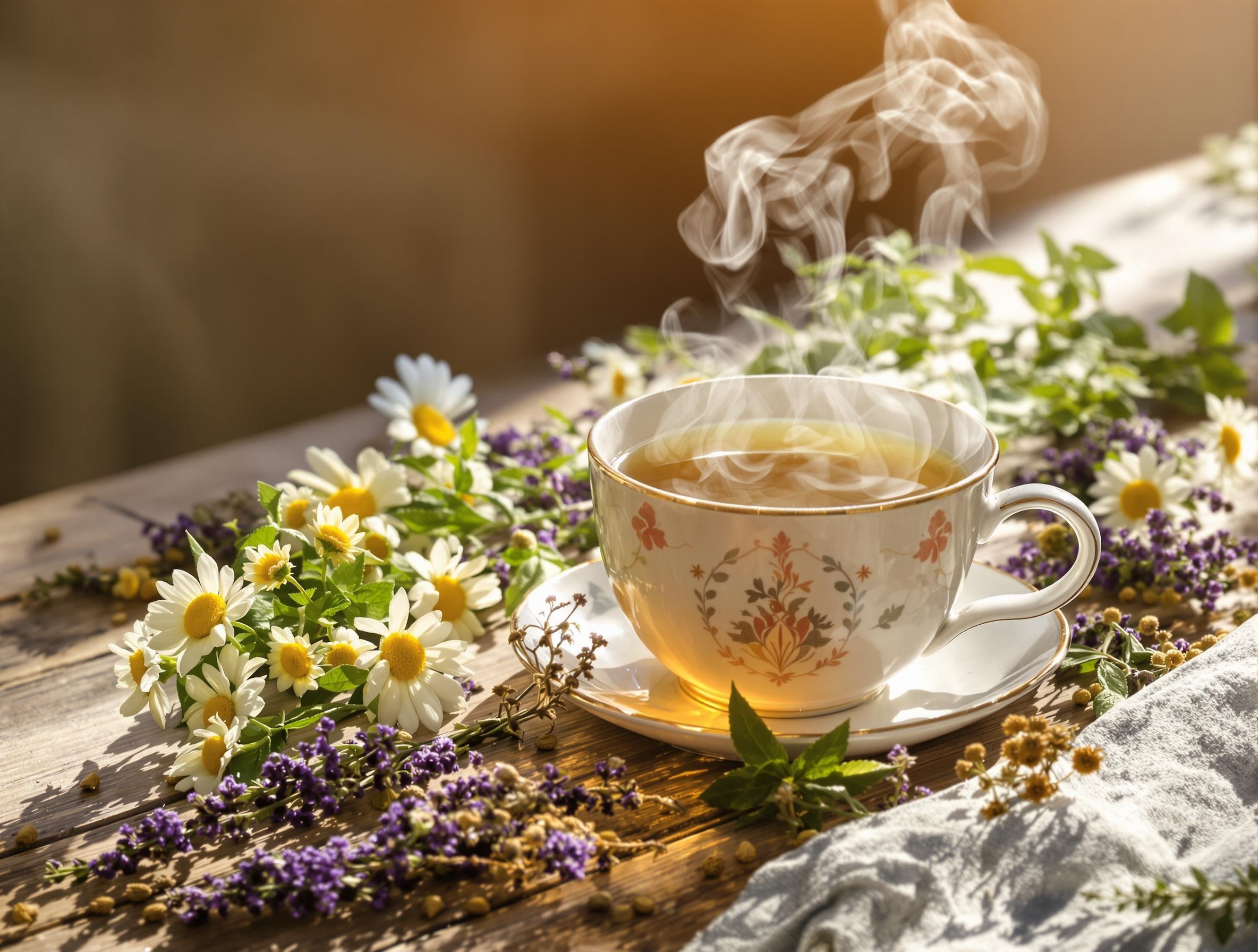 Tasse de tisane au CBD entourée de plantes médicinales