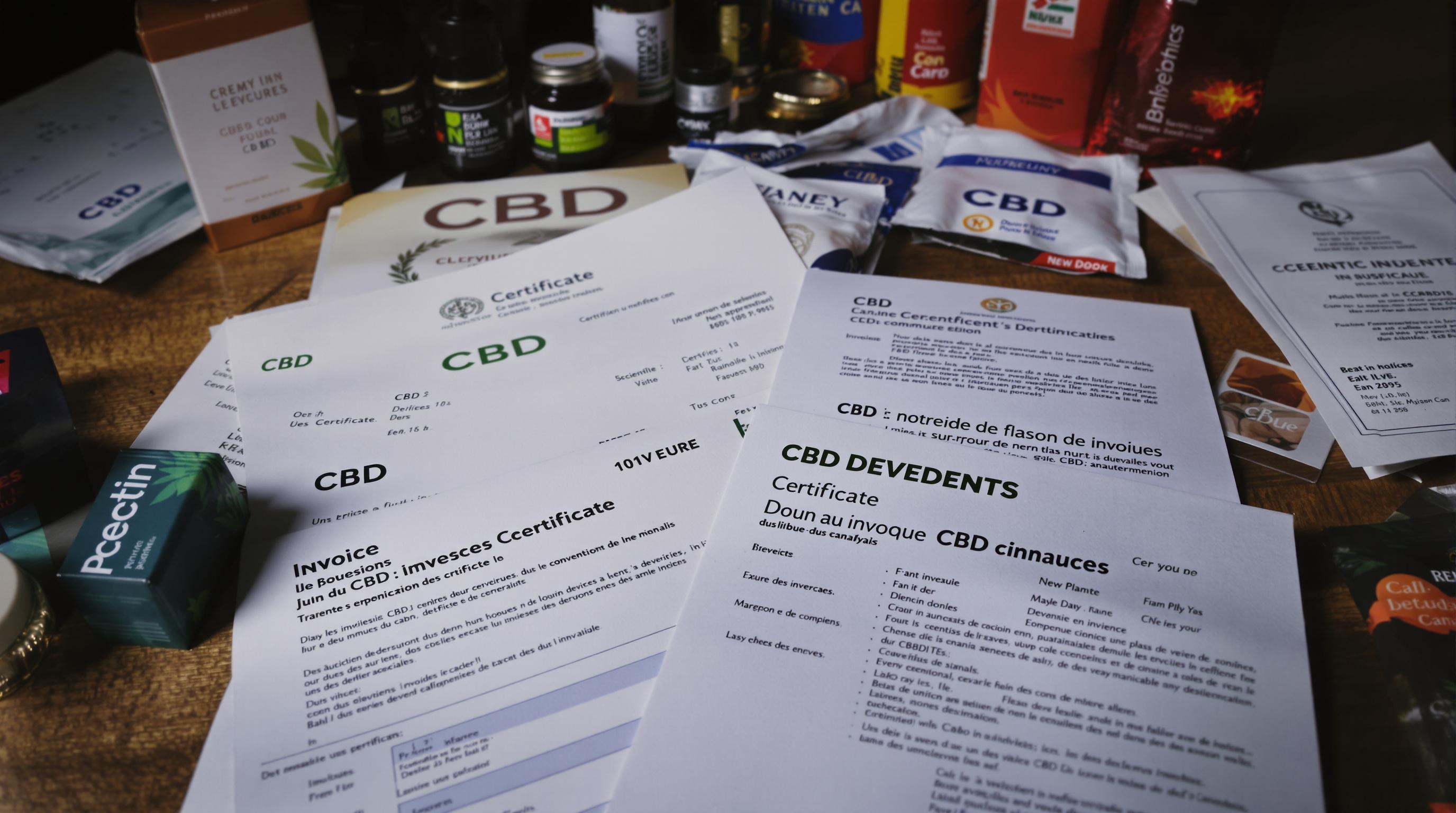 table preuves CBD factures certificats analyse étiquettes produits photos emballages