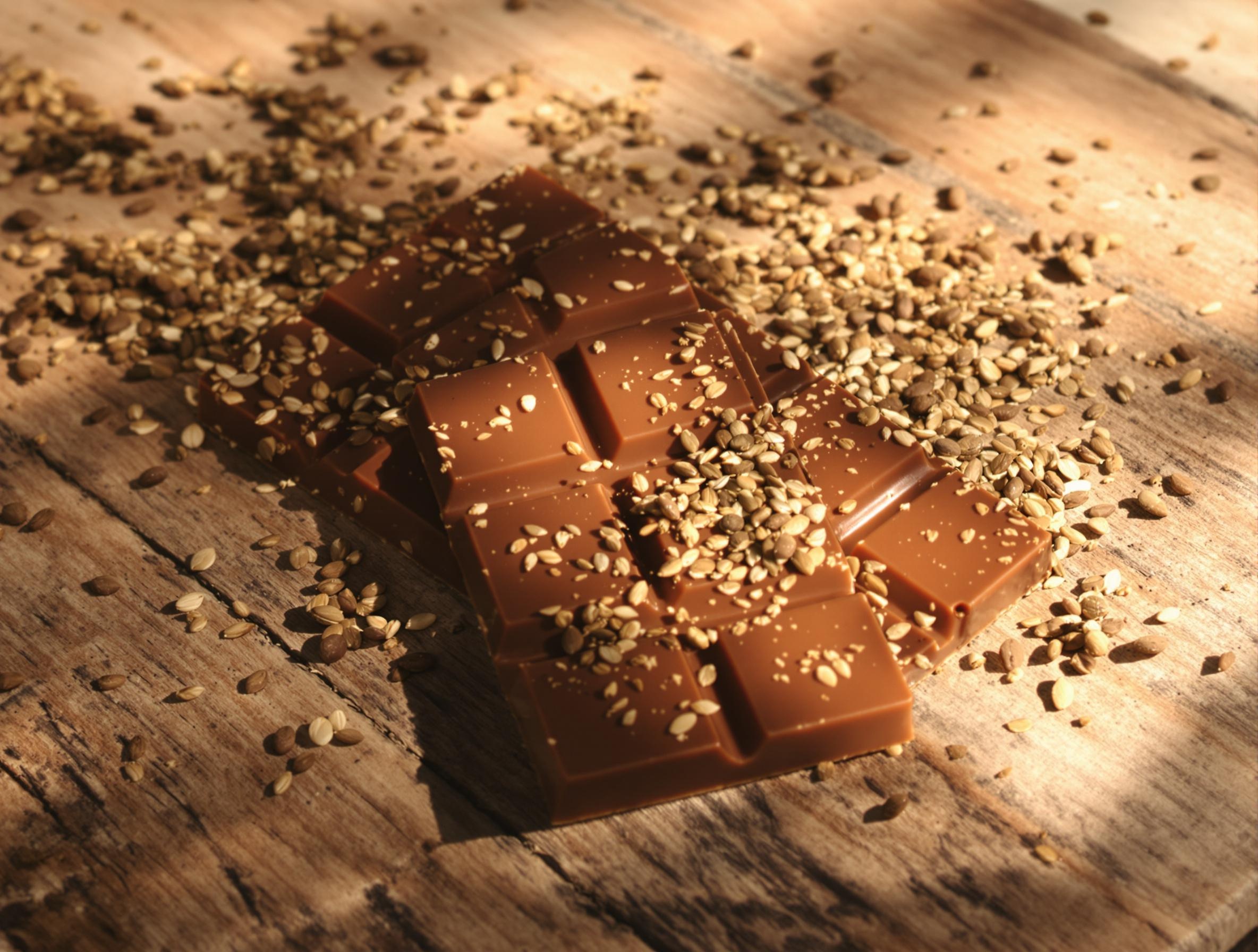 Tablette de chocolat au lait avec des graines de chanvre.