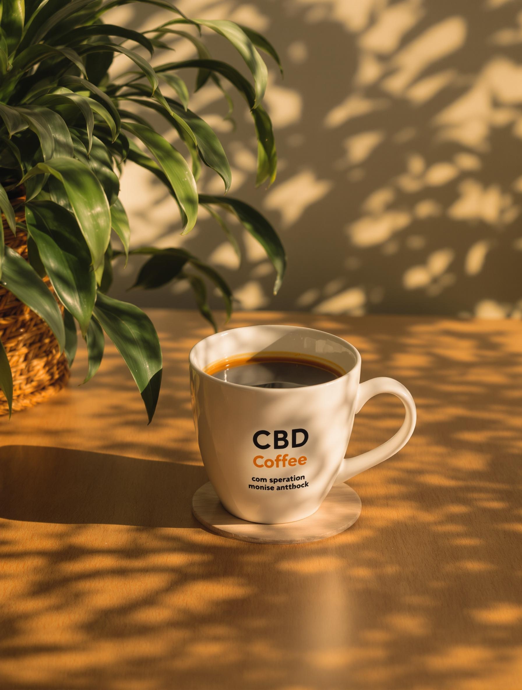 Une tasse de café au CBD posée sur une table en bois, entourée d'une ambiance apaisante.