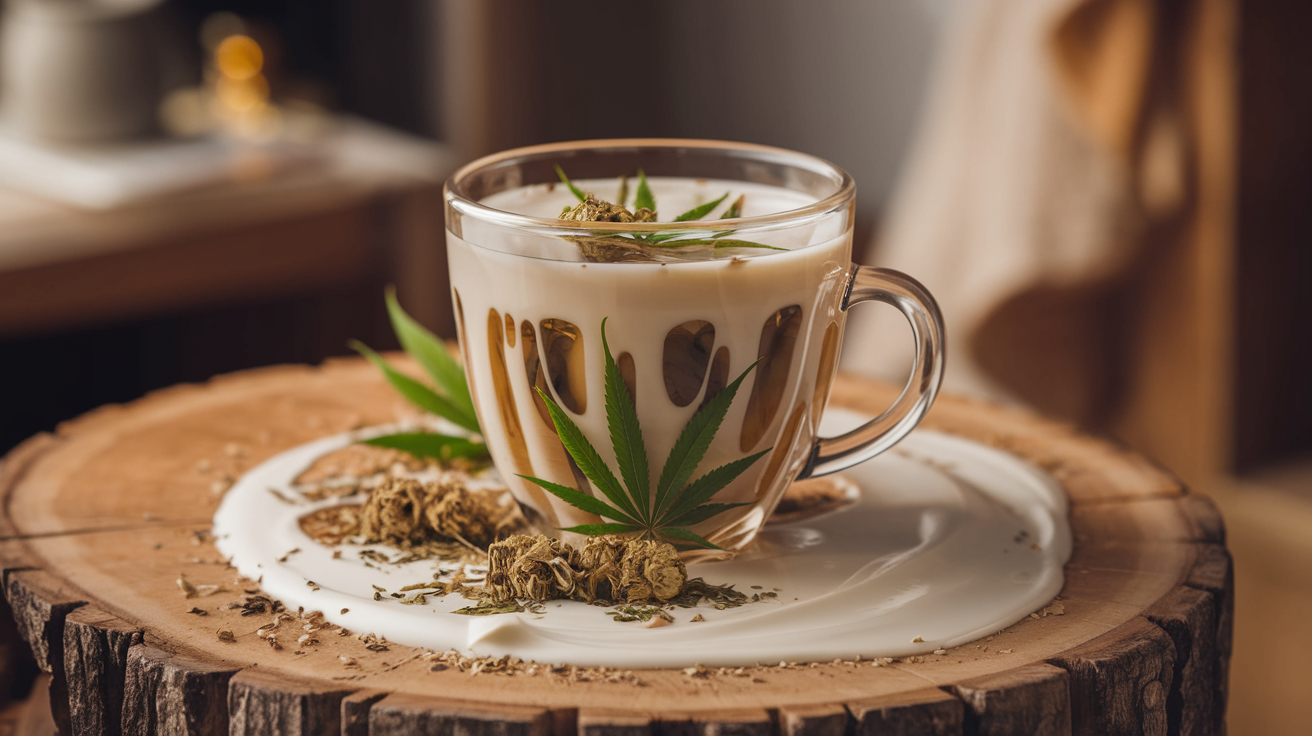 Tasse de tisane au CBD avec fleurs et huile sur table bois.