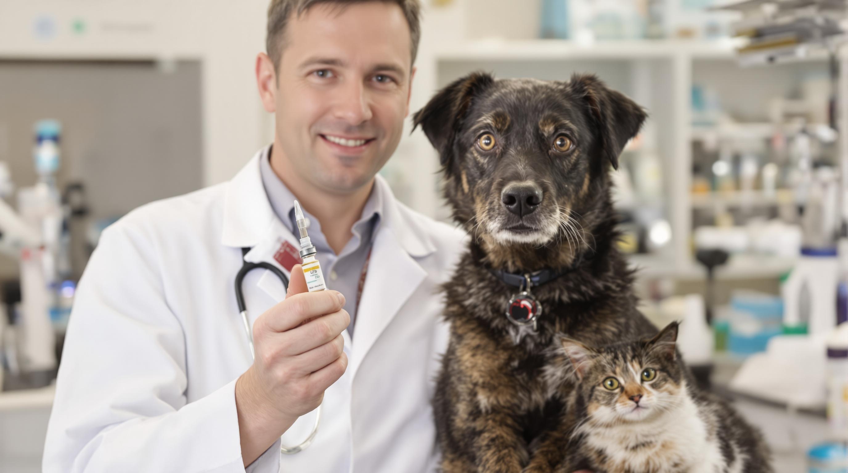 Un vétérinaire en blouse blanche tenant une pipette d'huile de CBD, avec un chien et un chat à ses côtés.